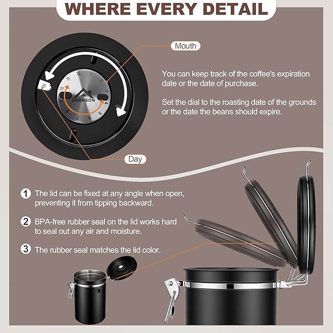 ShanSon Coffee Canister Airtight Coffee Container Stainless Steel Coffee Bean Storage Container with Scoop Coffee Canister for Beans Grounds Sugar Flour Tea Cereal,16OZ, Black