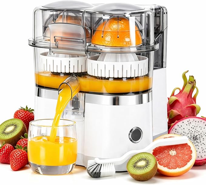 Dual-Head Automatic Citrus Juicer Electric Orange Lemon Lime Press Squeezer Machine for Fresh Juice Home Kitchen Mini Fruit Juice Extractor Easy Clean (White)