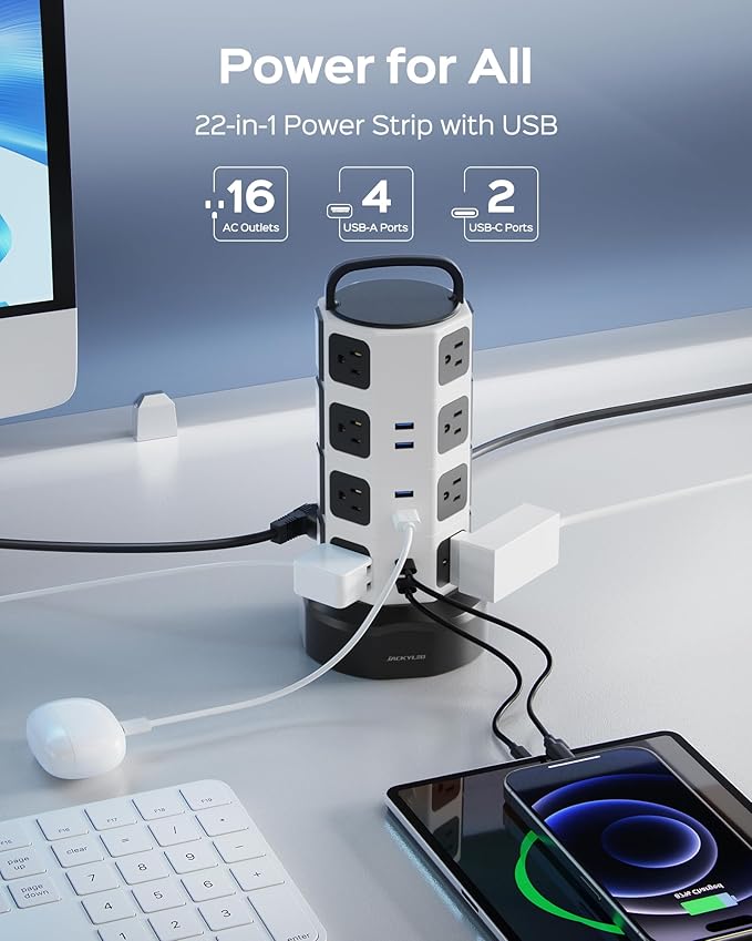 Power Strip Tower Surge Protector - JACKYLED 16 AC Outlets(13A) 6 USB Ports Electric Charging Station, 1050J Surge Electric Tower, 1625W Outlet Extender, 6.5ft Heavy Duty Extension Cord for Home