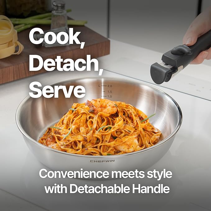 316 Stainless Steel Removable Handle Cookware, 5-Ply Stackable Cookware Set, 6-Piece Pans with Universal Lid, Induction Compatible, Oven & Dishwasher Safe