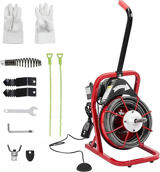 Patikuin 75FT x 3/8 Inch Electric Drain Cleaner Machine, Auto Feed Sewer Snake Auger with Motor, 4 Cutters & Air Foot Switch, for 1-4 Inch Pipes, Toilets, Sinks, and Floor Drains