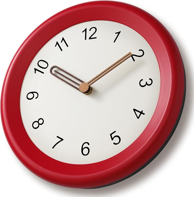 Mosewa 10 Inch Red Wall Clock Silent Non-Ticking Quartz Battery Operated Analog Clock with Wood Hands, Easy to Read Minimalist Round Clock for Kitchen Living Room Bedroom Office