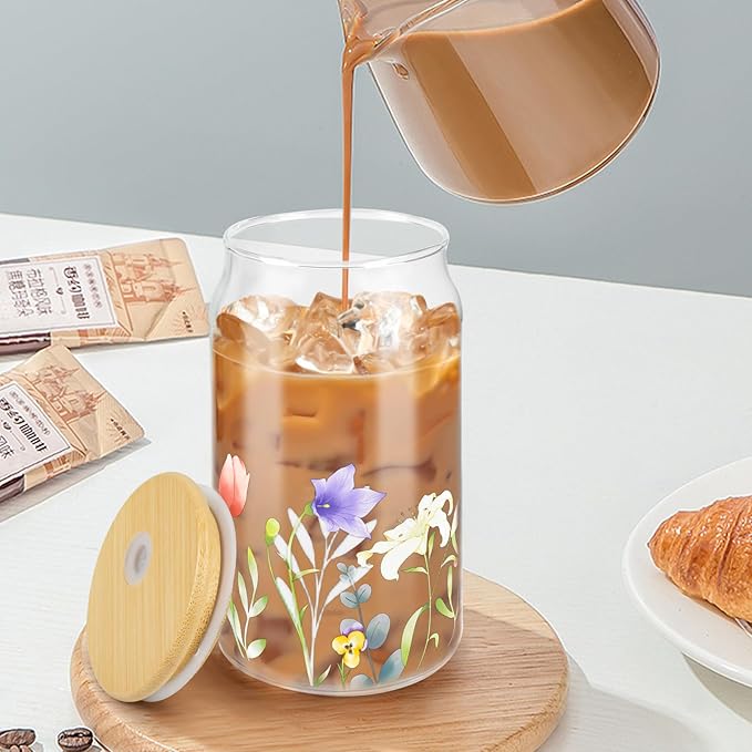 Mothers Day Mom Gifts from Daughter Son, Funny Birthday Gifts for Women Her Wife from Husband, Retirement Anniversary Mothers Day Presents for Mama Stepmom Mother In Law, Flower Glass Coffee Cup 16OZ