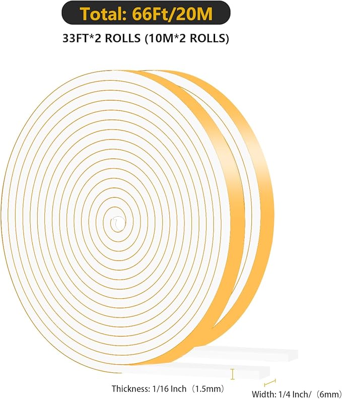 Weather Stripping Door Seal Strip,Front Door Weather Stripping,Insulation Tape for Door Frame,Window,Air Conditioner (White,1/4 in X 1/16 in x 66Ft)