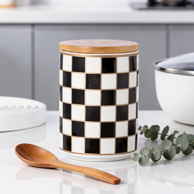 Kitchen Countertop Ceramic Checkered Canisters,Black And White Food Storage Containers With Lid,Airtight Kitchen Canisters for Flour, Sugar, Coffee, Tea, and Dry Goods (Black, Small)