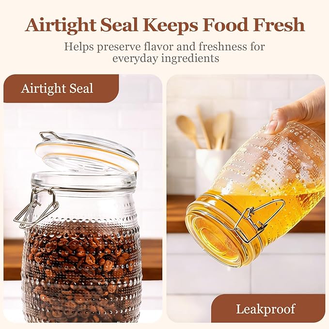 ComSaf 34oz / 6 Pack Glass Food Storage Jars with Airtight Lids, Vintage Hobnail Pattern Wide Mouth Canister Set for Pantry Organization, 1000ml Clear Containers for Coffee, Beans, and Snacks