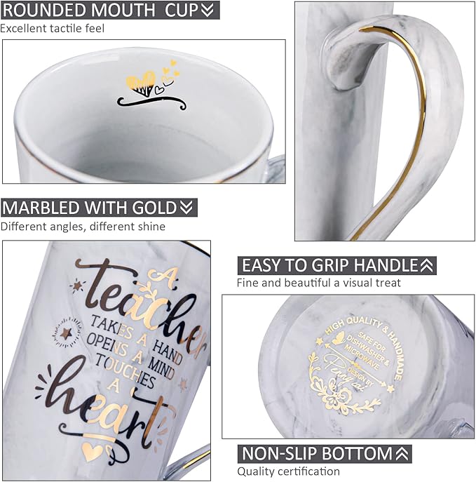 Best Teacher Appreciation Gift for Women Men - A Teacher Takes A Hand Opens A Mind Touches A Heart - Funny Valentines Graduation Retirement Gifts, 14Oz Grey Coffee Mug with Gold Print, Nice Gift Boxed
