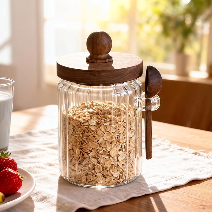 2 Pack Brown Sugar Keeper Bowl with Lid and Spoon, Farmhouse Style Coffee canister - Food Storage Glass Jars (20oz) with Wooden Lid for Kitchen, Coffee Bean, Tea, Baking Supplies & Spice Dispenser