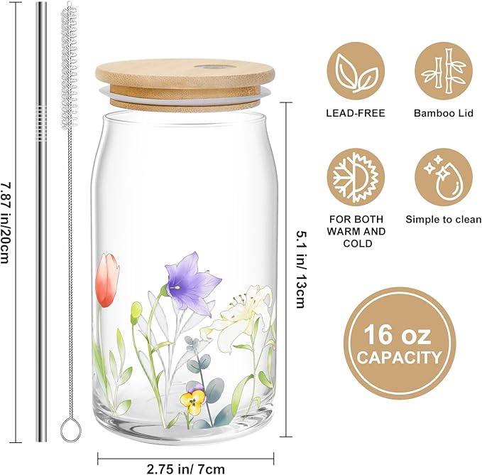Mothers Day Mom Gifts from Daughter Son, Funny Birthday Gifts for Women Her Wife from Husband, Retirement Anniversary Mothers Day Presents for Mama Stepmom Mother In Law, Flower Glass Coffee Cup 16OZ