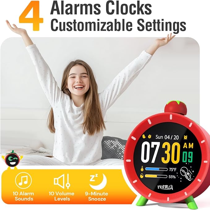 MOMILLA Kids Alarm Clock for Bedrooms, Visual Timer with 2.8" LCD Display 4 Alarms, Digital Clock with White Noice Sound Machine for Heavy Sleepers Kids, Christmas Birthday Gifts for Girls Boys