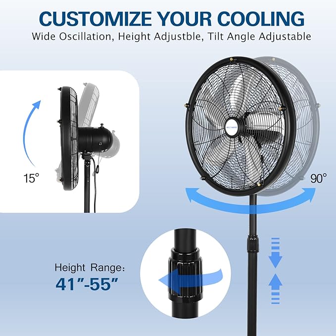 BILT HARD 18" Oscillating High-Velocity Outdoor Pedestal Misting Fan, 3-Speed Patio Fans for Outside, Adjustable Height, 120° Oscillation, Waterproof, Industrial Fan for Outdoor- UL Listed Black