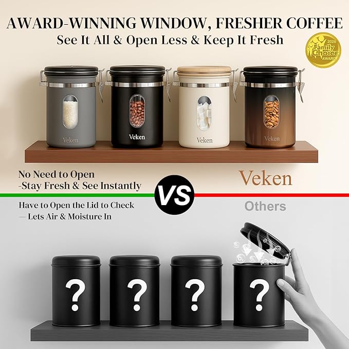 Veken Coffee Sugar Canister with Window, Airtight Stainless Steel Kitchen Food Storage Container with Lids, Date Tracker and Scoop for Grounds Coffee, Beans, Tea, Flour, Cereal Jars, 16OZ, Cream