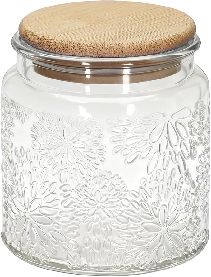 1Pc Snowflakes Style Vintage Glass Candy Jar with Airtight Bamboo Lid, Kitchen Storage Canister for Sugar, Coffee, Tea, Cookies, Bath Salt - Decorative Mason Jar for Pantry & Counter (1, Clear, 17oz)