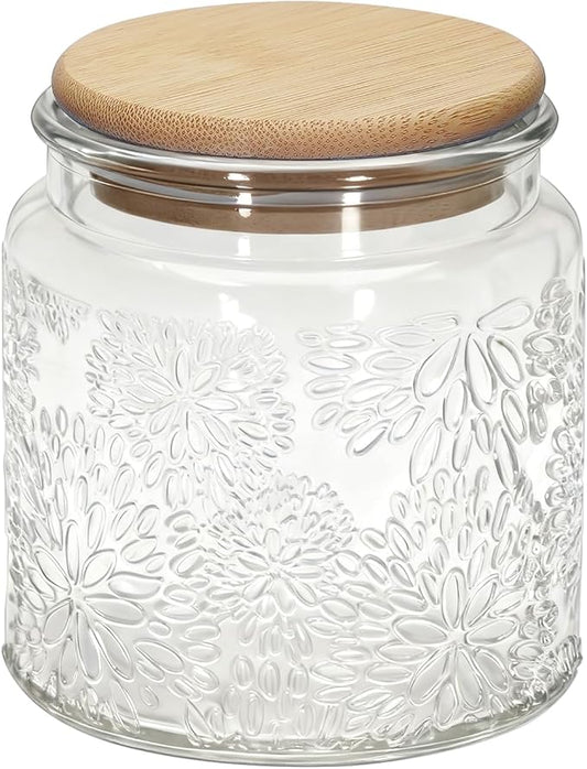 1Pc Snowflakes Style Vintage Glass Candy Jar with Airtight Bamboo Lid, Kitchen Storage Canister for Sugar, Coffee, Tea, Cookies, Bath Salt - Decorative Mason Jar for Pantry & Counter (1, Clear, 17oz)
