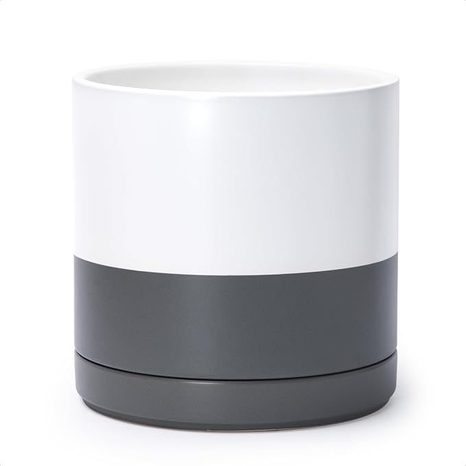 D'vine Dev 10 Inch Ceramic Planter Pot, White/Grey, 94-O-E-6 | Modern Cylinder Design, Drainage Hole & Saucer Included, Stable Structure, Elegant Home Accent