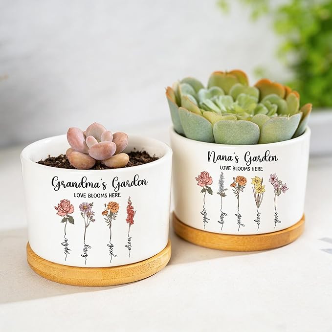 Personalized Mom's Garden Plant Pot, Custom Floral Month with Kids Names Plan Pot, Birth Flowers Mom Gifts from Daughter, Grandma Gift, Mama Gifts