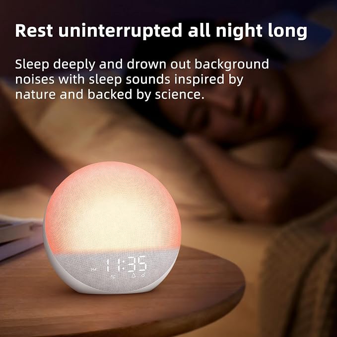 Odokee Sunrise Alarm Clock White Noise Machine: Natural Wake Up Light | Dimmable Clock with Bluetooth Speaker for Bedroom - 25 Sleep Sounds for Baby Adults Kids Frost White