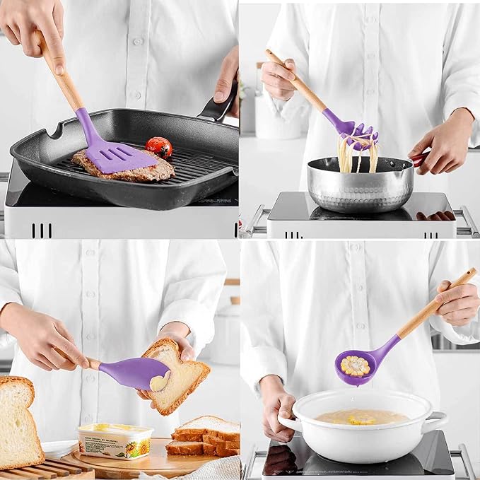 Kitchen Silicone Cookware Set, 12-piece Non-stick Cookware, Heat-resistant, BPA-free, Cooking Tools, Stirring Kitchen Tool Set (Purple)