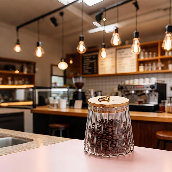 Glass Coffee Nuts Canister Airtight Storage Jar Petal Decorative Container with Bamboo Lid Metal Handle Easy to Grasp 1600ml, 54 FL OZ (Large Conical)