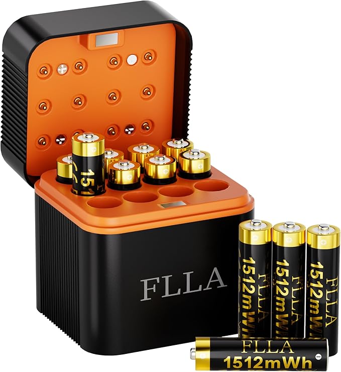 Flla Rechargeable AAA Lithium Batteries, 12 Pack 1.5V 1512mWh Triple A Batteries with USB-C Fast Charger & Storage Case, 2000+ Cycles for Blink Cameras, TV Remotes, Home Electronics