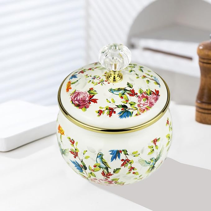Flowers Birds Enamel Sugar Bowl Seasoning Jar Vintage Tea Canister Spice Box Retro Coffee Candy Storage Pot Bohemian Salt Container Jar for Home Kitchen Decor