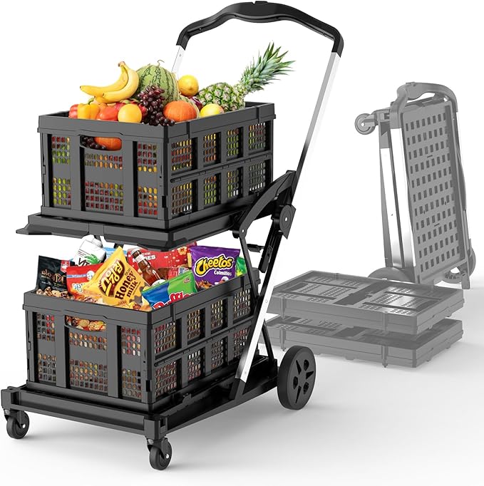 TOOLIOM 2-Tier Collapsible Shopping Cart with Brake Wheels & 2 Folding Baskets, Multi-Use Mobile Trolley for Grocery, Luggage & Office