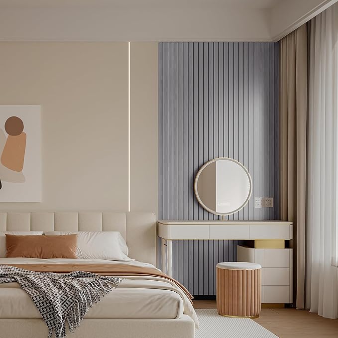 YLL YLL PVC Slat Wall Panel Peel and Stick 118"x 15.7" Faux Grey Wood Grain Slat Panel Self-Adhesive Wallpaper Soundproof 3D Wall Panels