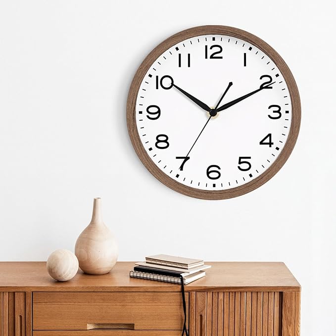 AKCISOT 10 Inch Wall Clock, Battery Operated Analog Clock, Silent Non-Ticking, Ideal for Bedroom, Bathroom, Kitchen, Office and School, Walnut