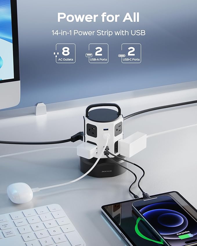 Tower Surge Protector Power Strip, JACKYLED Extension Cord with Multiple Outlets, 8 Outlets 4 USB Ports(2 USB C) 1625W/13A Retractable Cord Charging Station with 1050J Protection, Home Office Supplies