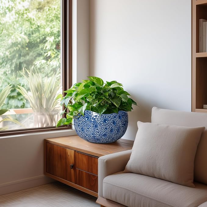 10 Inch Plant Pot - Ceramic Pots for Plants Indoor Outdoor, Round Bonsai Pots with Drainage Hole, Decorative Flower Pot, Modern Unique Planters, House Decor, Housewarming Gifts, Blue