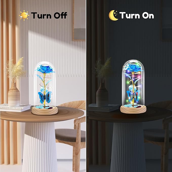 Otlonpe Preserved Forever Mothers Day Flower Gifts for Mom, Glass Rose Wood Base Colorful Light Butterfly Gifts for Women Grandma Girlfriend Wife Her, Valentines Mothers Day Christmas Birthday