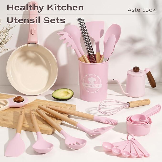 Astercook Kitchen Utensils set, 39 PCS Silicone Cooking Utensils Set with Wooden Handle, 446°F Heat Resistant Food Grade Utensil Sets, BPA Free Kitchen Gadgets Tools Set for Mothers Day Gifts