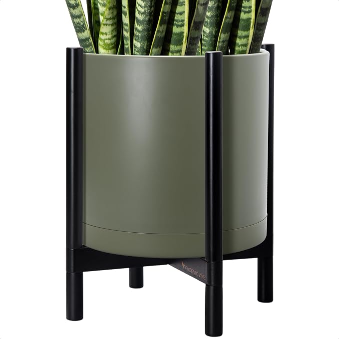 D'vine Dev Plastic Pot with Ebony Wood Stand, Olive, 16 in, 55-C-Z-3 | Mid-Century Inspired Design, Elevated Plant Display, Clean Lines, Sturdy Support, Modern Space-Saving Style