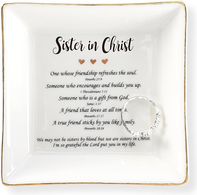 HOME SMILE Mother's Day Gifts for Sister in Christ,Ceramic Ring Jewelry Dish Tray Plate for Birthday Graduation Christmas Wedding,We May Not Be Sisters by Blood But We are Sisters in Christ