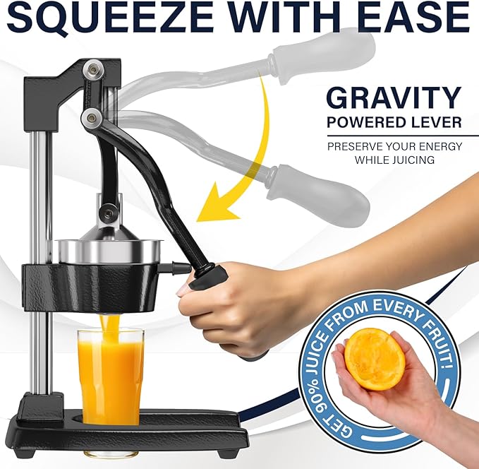 Eurolux Ultra-Premium Cast Iron Juicer | Extra-Large, Heavy Duty, Commercial Grade, Stainless Steel Manual Hand Press Citrus Squeezer For Fresh Orange Juice, Pomegranate, Lemon, and Much More (Red)