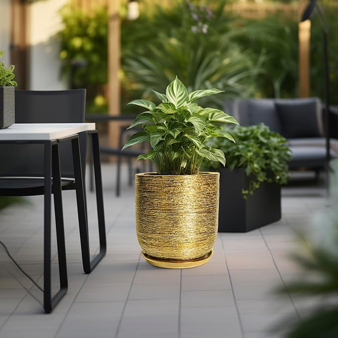 Ceramic Pots for Plants 12 Inch - Ceramic Planter for Indoor Outdoor Flowers, Cylinder Modern Flower Pot with Drainage Hole and Saucer, Patio Home Decor, Gifts for Plants Lovers, Gold