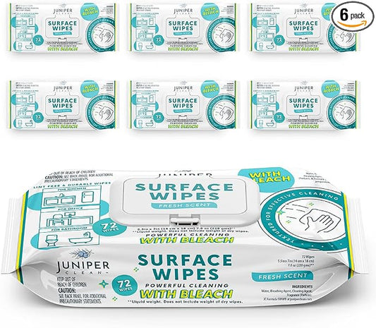 6 Pack Surface Cleaning Wipes with Bleach, All-Purpose Cleaner for Bathroom, Kitchen, Office, 72 Count Soft Flow, Fresh Scent, Lint Free & Durable
