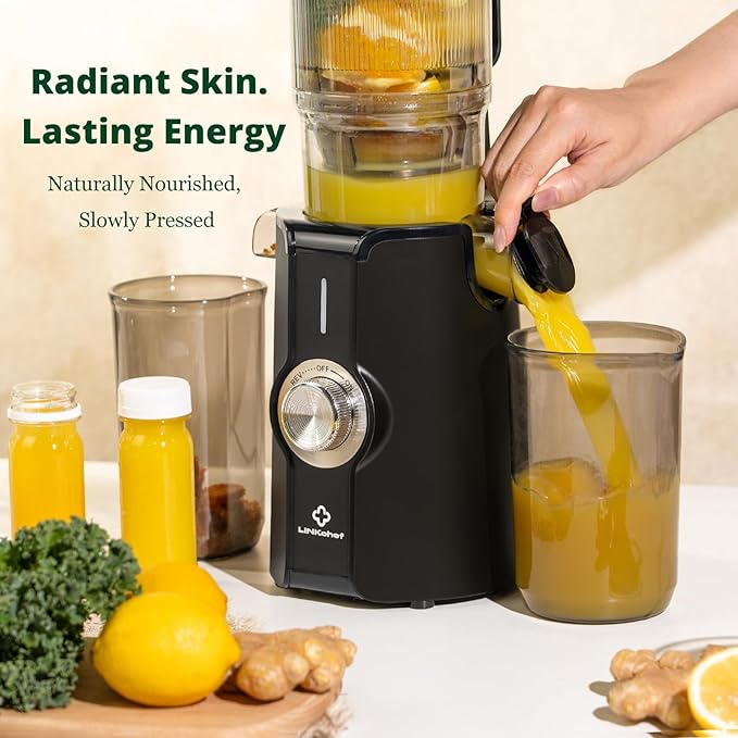 LINKChef Cold Press Juicer Machines, 4.53" Diameter juicers Whole Fruit and Vegetable, 200W Masticating Slow Juicer with Automatic Cutting, BPA-Free, Easy Cleanup & Assembly, Lightweight, Black