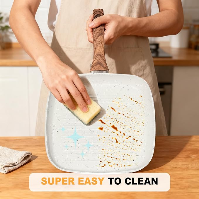 NEWBULIG 3-Piece Nonstick Grill Pan Set, Square Griddle Pans with Wooden Handles, Induction Cooktop Compatible, Nonstick Cookware for Steak, BBQ, Vegetables, Cream White (9.5", 10.2", 11")