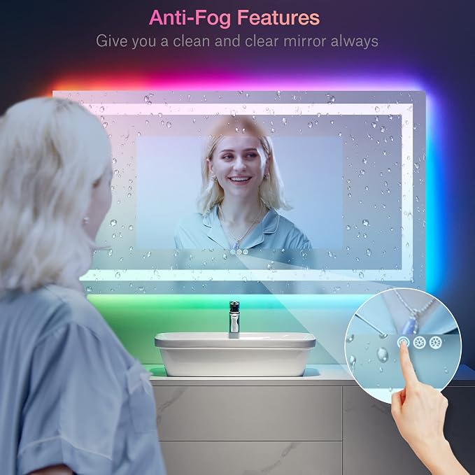 LOAAO 55"X30" RGB LED Bathroom Mirror with Lights, Anti-Fog, Dimmable, Lighted Bathroom Vanity Mirror, Multiple Light Modes, RGB Backlit + Front Light, Memory Function, Tempered Glass, ETL Listed