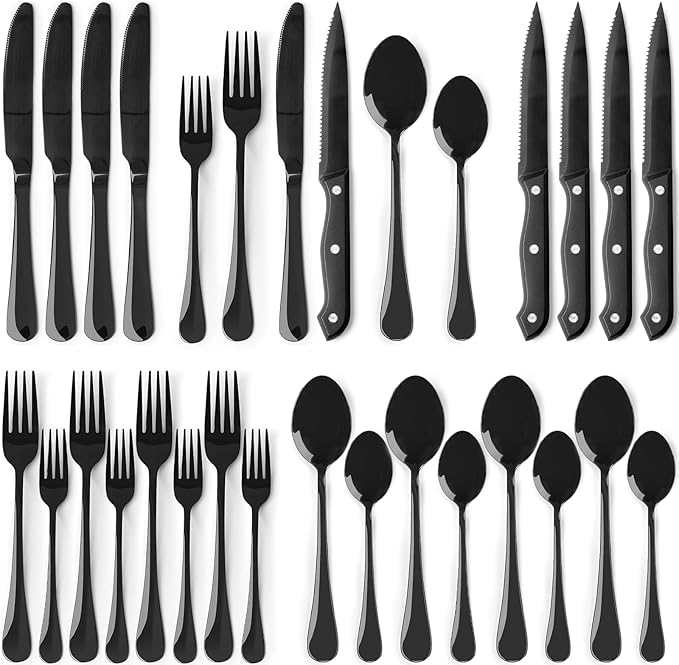Astercook 24-Piece Black Silverware Set with Steak Knives Flatware Set for 4 Food-Grade Stainless Steel Cutlery Set Mirror Polished Utensils Set Include Spoons and Forks for Home Gifts for Women