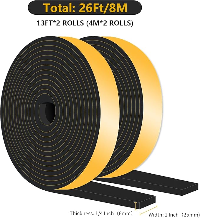 Weather Stripping Door Seal,Weather Stripping,Soundproof,Cold Insulation,High Density CR Foam Insulation Tape for Door, Front Door Frame, Windows,Sliding Door (Black, 1 in x 1/4 in x 26Ft)