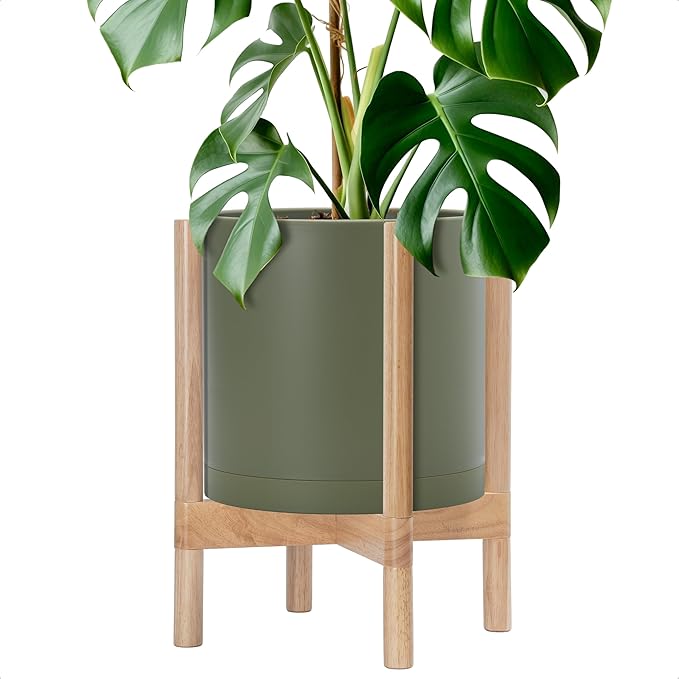 D'vine Dev Plastic Pot with Natural Wood Stand, Olive, 12 in, 55-C-P-3 | Mid-Century Inspired Design, Elevated Plant Display, Clean Lines, Sturdy Support, Modern Space-Saving Style