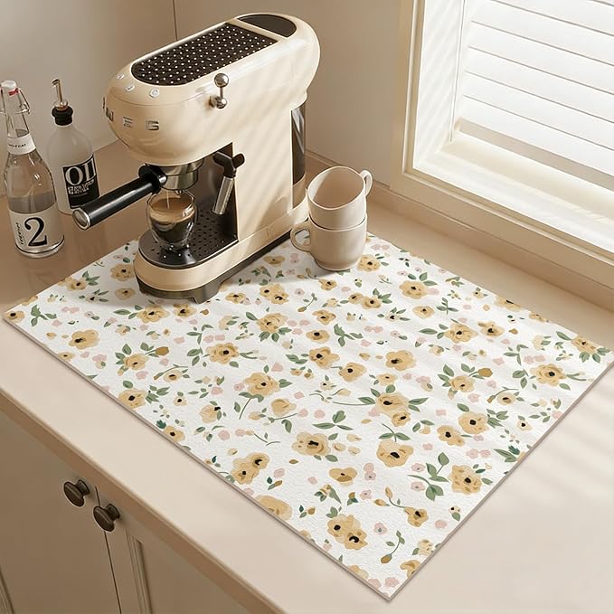 Ditsy Floral Coffee Tea Mat Absorbent Bar Accessories, Fit Under Espresso Machine Coffee Maker (Ditsy Blooms,Yellow)