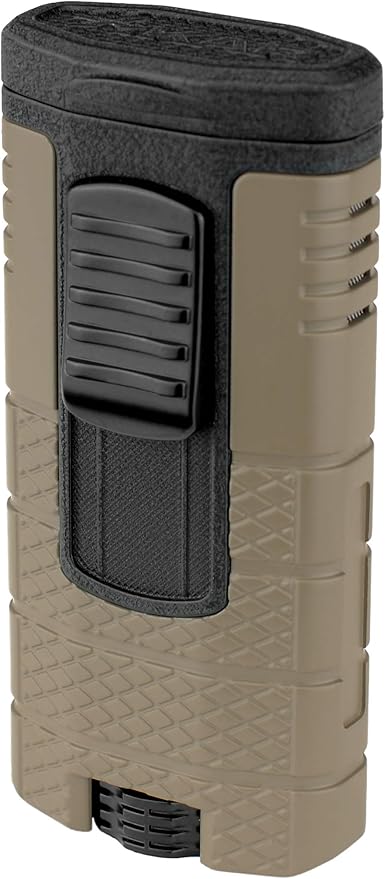 Xikar Tactical Triple Power Jet Flame Lighter, Engineered for Performance, Removable Pocket Clip, Angled Jet Flames, Ergonomic Metal Body, Tan and Black