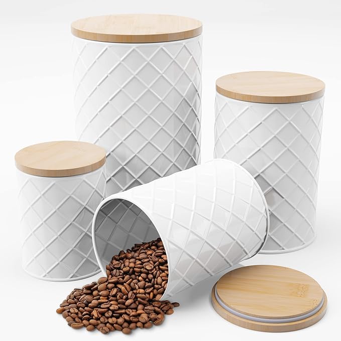 Pebble & Stem® White Metal Canister Set for the Kitchen Counter, Food Canister Set of 4, Airtight Lids, Sugar and Flour Containers for Countertops, Coffee and Tea Storage, Farmhouse Decor