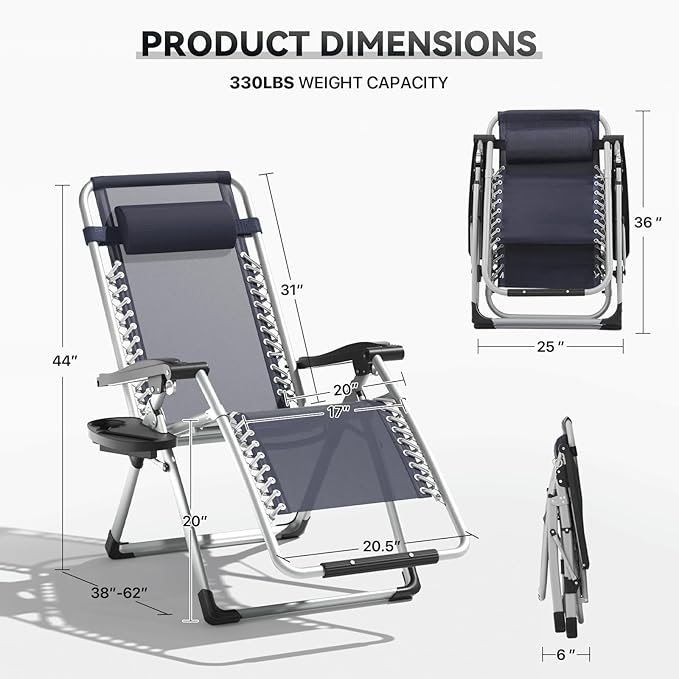 Zero Gravity Chair, Portable Outdoor Chair, Reclining Patio Lounge Chair with Adjustable Pillow and Cup Holder Trays for Outdoor, Patio, Beach, Camping, Garden, Poolside, Blue