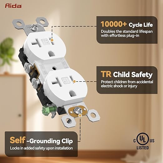 AIDA 1 Pack 20 Amps Duplex Outlets Tamper Resistant Electrical Receptacle, Wall Outlet,2 Pole,3-Wire, Self-Grounding,Wall Plate Included,UL Listed, White