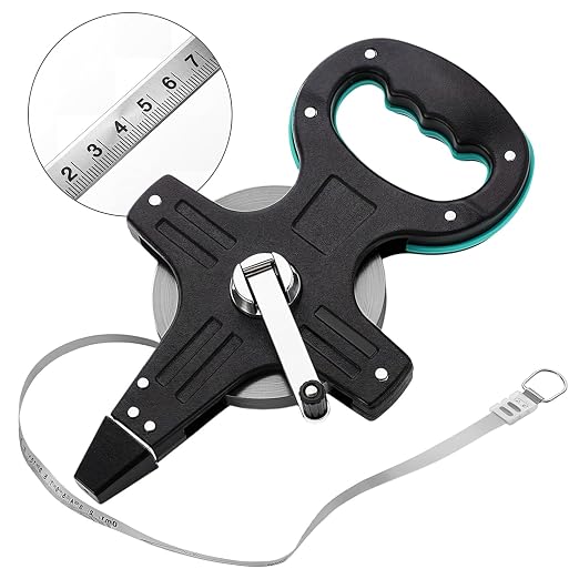 Tellegloww 330ft Long Distance Steel Tape Measure Open Reel Measuring Tape, Dual Inch/Metric Scale, for Surveying Engineering Sports Field Outdoor Runway Construction