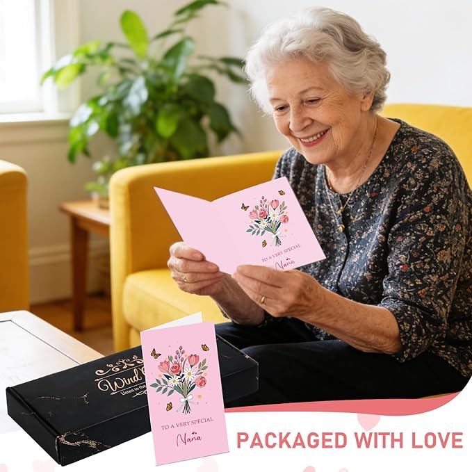 Grandma Gifts Wind Chimes for Outside - Metal Windchime with Wooden Pendant, Greeting Card & Black Box - Unique Birthday for Grandmother from Grandkids, Garden Hanging Decor